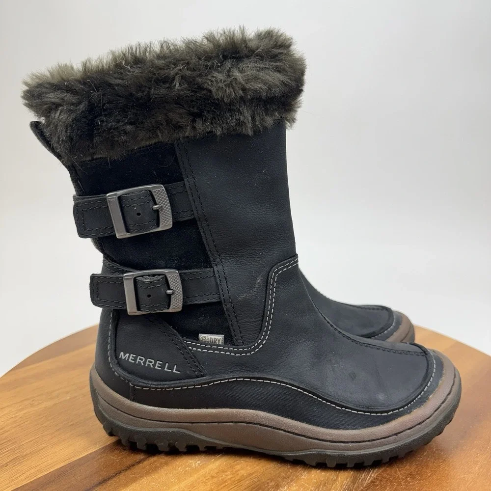 Womens Merrell Decora Chant Black Leather Mid Waterproof Faux Fur Boots Size 6 M